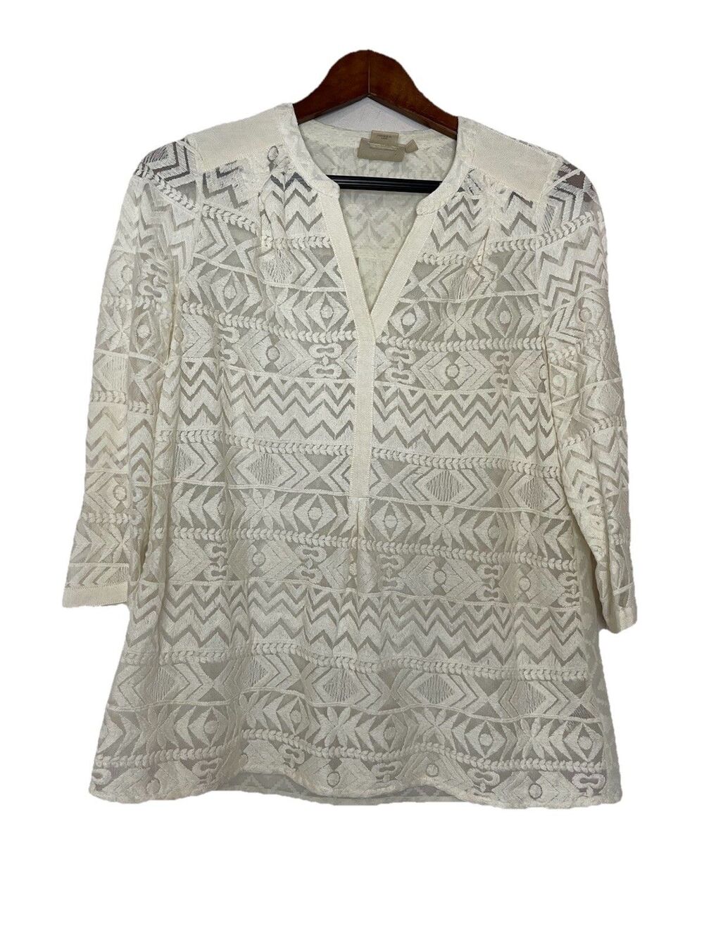 Vanessa Virginia Anthro Lace 3/4 Sleeve Top Ivory Embroidered Womens Small 4